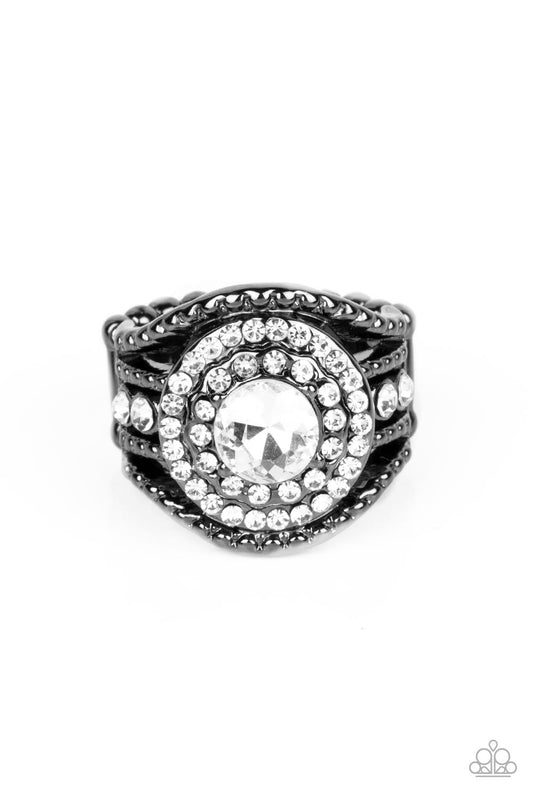 Understated Drama - Black Gunmetal & Glassy White Rhinestone Ring Paparazzi R0525
