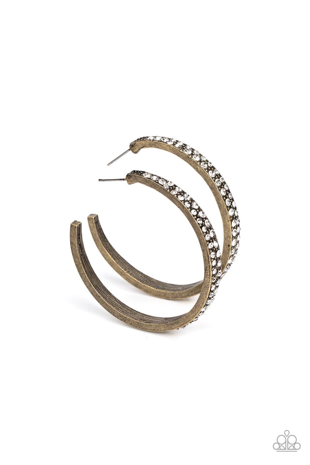 Tick, Tick, Boom! - Brass & White Rhinestone 2 Inch Hoop Earring Paparazzi E1253