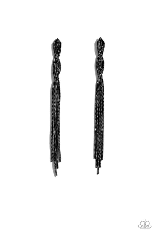 Ropin Rodeo Queen - Black Gun Metal Snake Chain Tassel Earring Paparazzi E1702