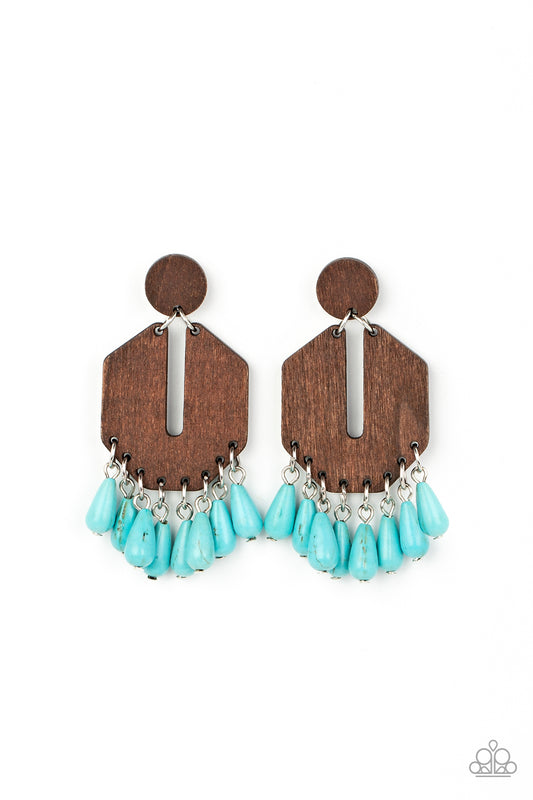 Western Retreat - Blue Turquoise & Wooden Santa Fe Style Earring Paparazzi E1482