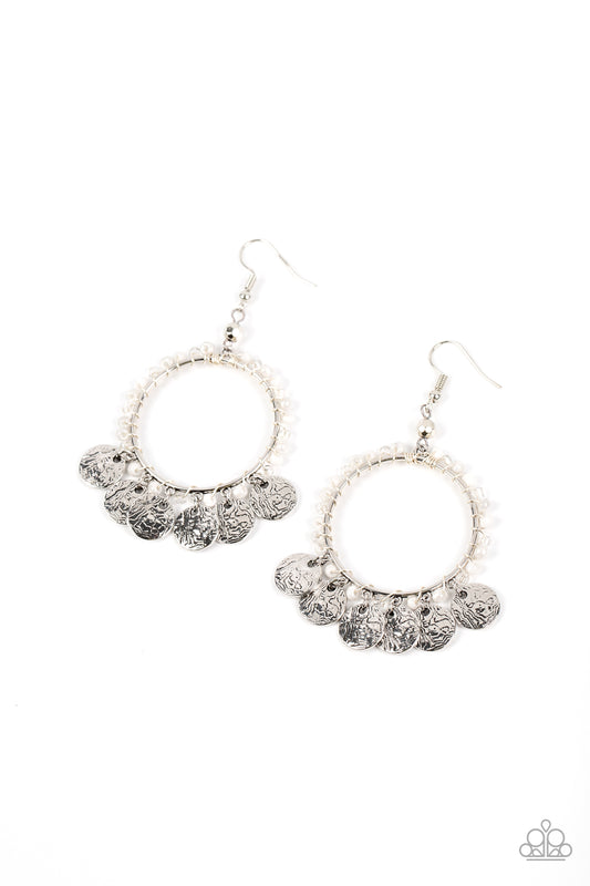 Bohemian Beach Blast - White Glassy Pearly White Seed Bead Silver Earring Paparazzi E1373