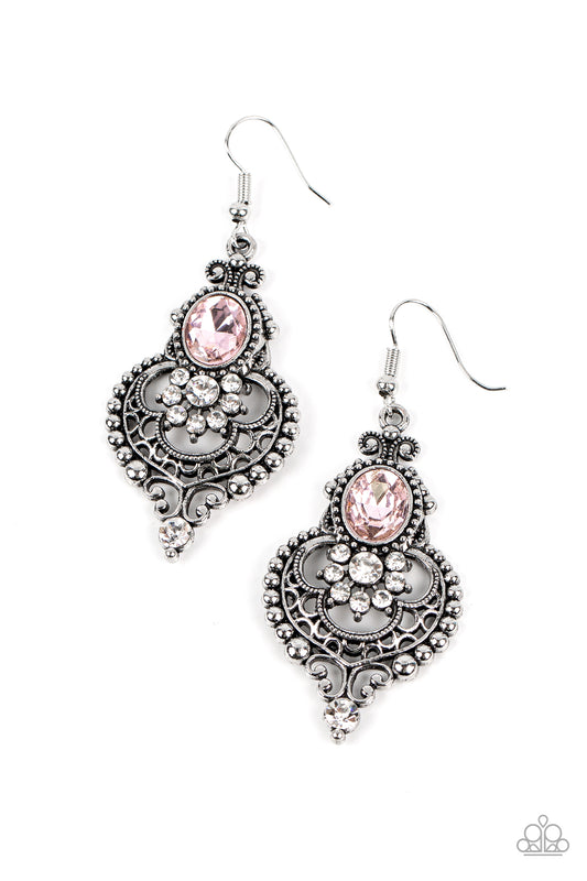 Castle Chateau - Pink Gossamer Oval Gem & White Rhinestone Floral Earring Paparazzi E1501