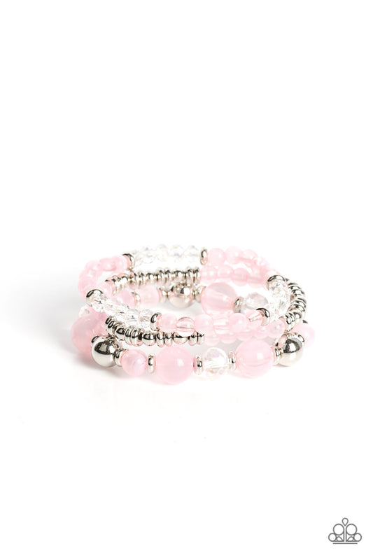 Shoreside Stroll - Pink Opaque Gossamer & White Crystal like Stretch Bracelet Paparazzi B0868