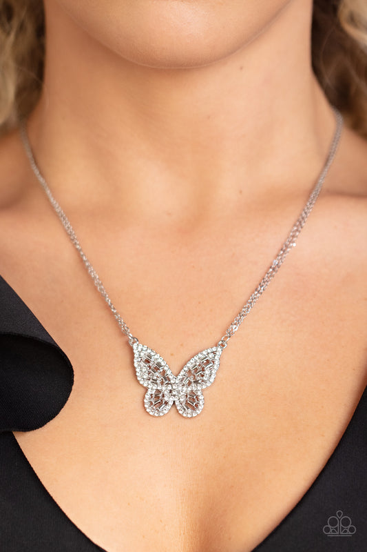 Baroque Butterfly - White Rhinestone Butterfly Necklace Paparazzi N1007