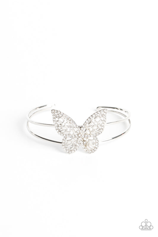 Butterfly Bella - White Rhinestone Butterfly Cuff Bracelet Paparazzi B0602