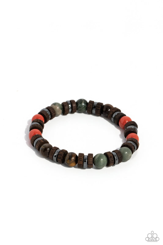 Earthy Empath - Multi Stone Bead, Brown Wooden & Gunmetal Accent Urban Stretch Bracelet Paparazzi B1286
