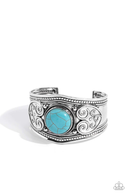 Prairie Romance - Blue Turquoise Stone Silver Filigree Heart Cuff Santa Fe Style Bracelet Paparazzi B1436