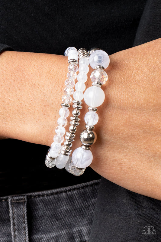 Paparazzi Shoreside Stroll - White Glassy & Opaque Bead Set Of 3 Stretch Bracelets B0652