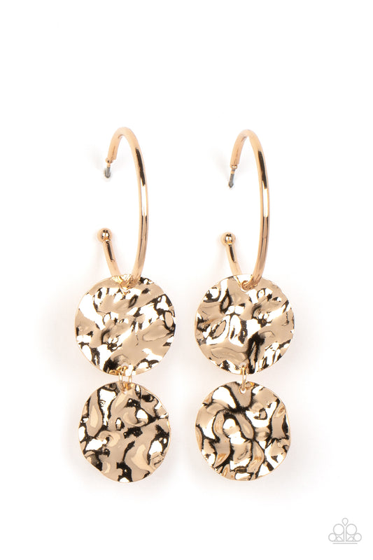Sending Shock Waves - Gold Hammered Disc 1 1/4 Inch Hoop Earring Paparazzi E1725