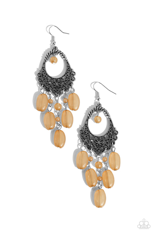Botanical Escape - Brown Bead Silver Filigree Teardrop Earring Paparazzi E1473