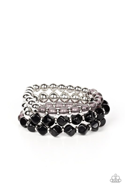 Summer Sabbatical - Black Glassy, Silver Bead & Accents, Stretch Bracelet Set Paparazzi B1326