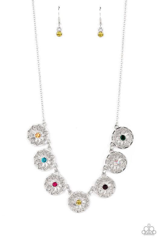 Garden Greetings - Multi Colored Rhinestone Silver Flower Necklace Paparazzi N1257