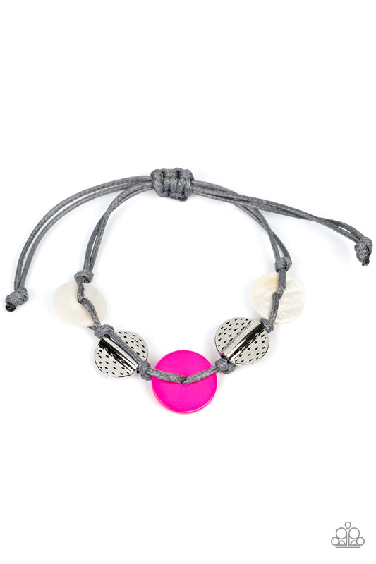 Shore Up - Pink & Whit Shell Silver Hammered Sliding Knot Bracelet Paparazzi B1299