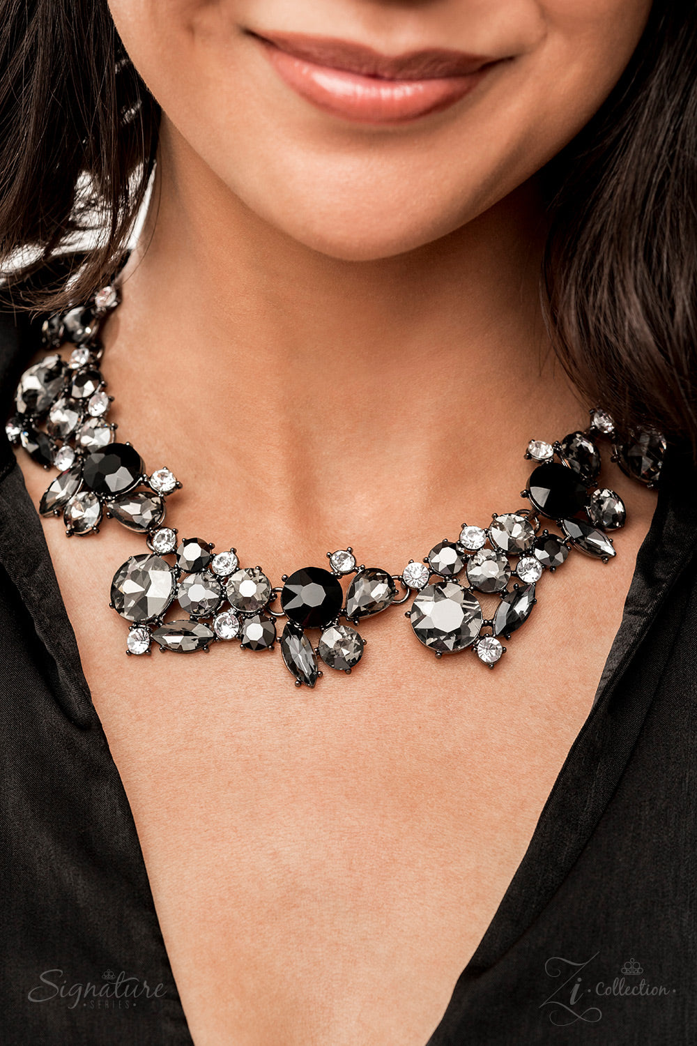 The Kim - Smokey, Jet Black And White Rhinestone ZI Collection Necklace Paparazzi 2022