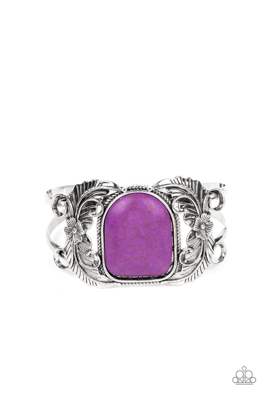 Dune Garden - Purple Stone Silver Floral Santa Fe Style Cuff Bracelet Paparazzi B1366
