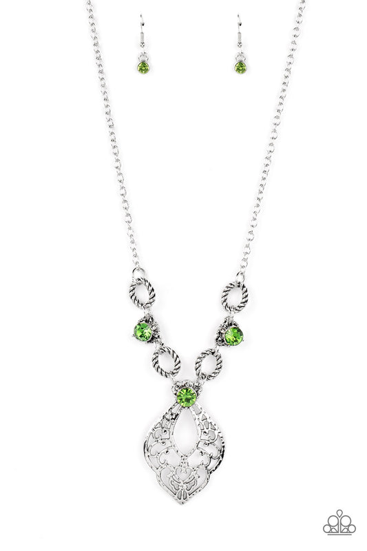 Paparazzi Contemporary Connections - Green Rhinestone Filigree Necklace N0998