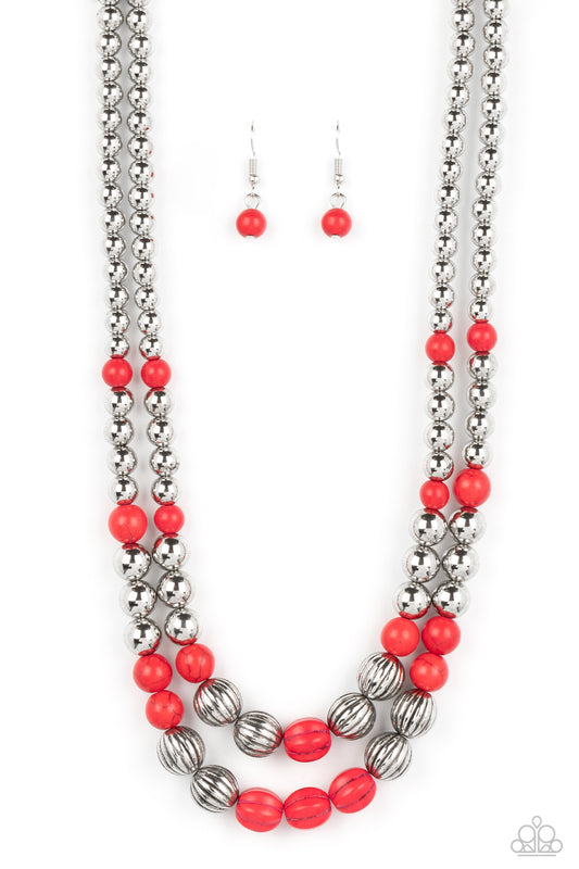 Country Road Trip - Red Riery Stone & Faux Stone Santa Fe Style Necklace Paparazzi N1592