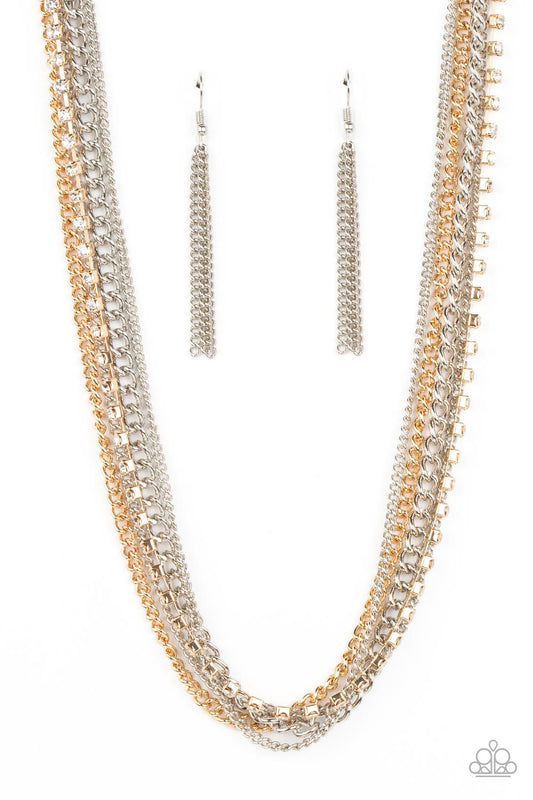 Free to CHAINge My Mind - Multi Gold & Silver Chain White Rhinestone Necklace Paparazzi N1628