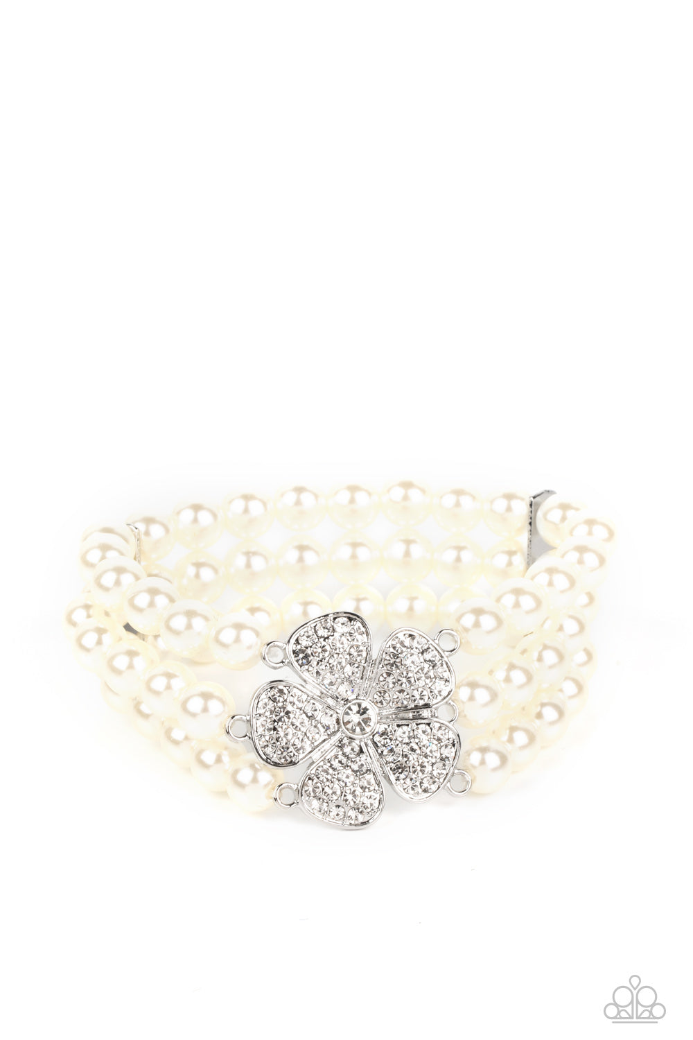 Park Avenue Orchard - White Pearl Silver Flower Stretch Bracelet Paparazzi B0721