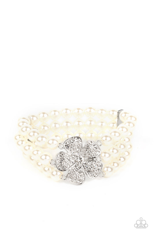 Park Avenue Orchard - White Pearl Silver Flower Stretch Bracelet Paparazzi B0721