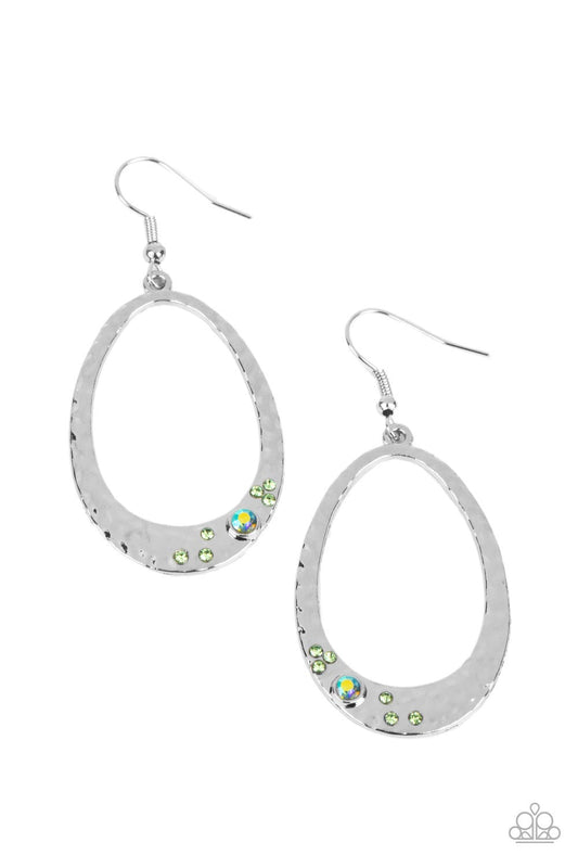 Seafoam Shimmer - Green And Iridescent Rhinestone Silver Earring Paparazzi E0834