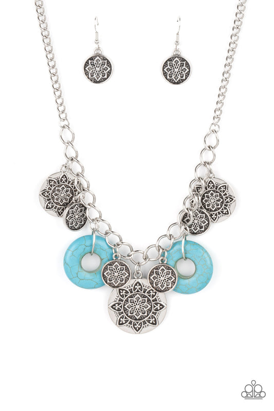 Western Zen - Blue Turquoise Stone Silver Mandala Santa Fe Style Necklace Paparazzi N1048 Convention Exclusive