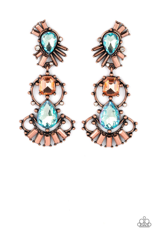 Ultra Universal - Copper Iridescent Gem And Rhinestone Earring Paparazzi E0876