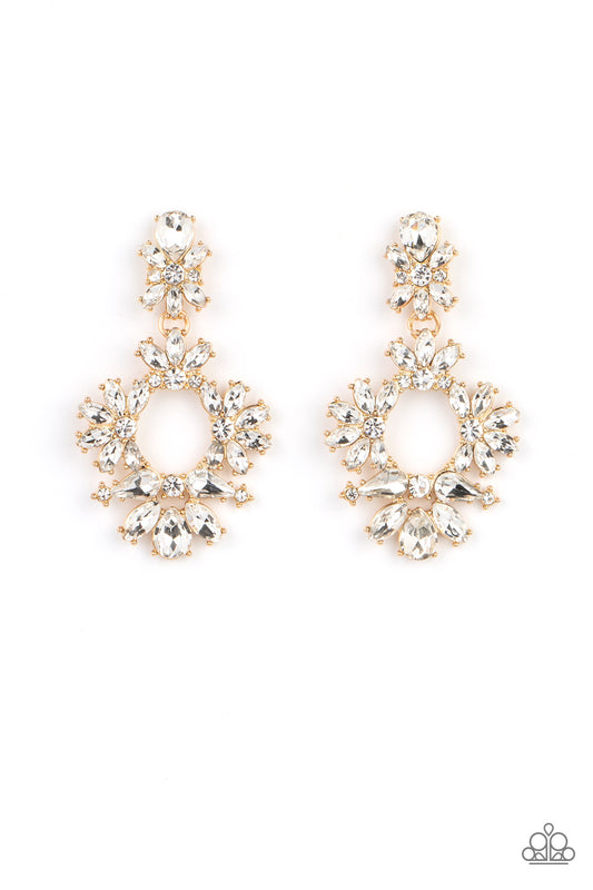 Leave them Speechless - Gold & White Rhinestone Post Earring Paparazzi E1554