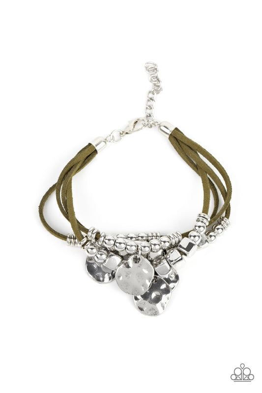 Token Trek - Green Martini Olive Suede Silver disc, Bead, Cube Bracelet Paparazzi B0626 Convention Exclusive