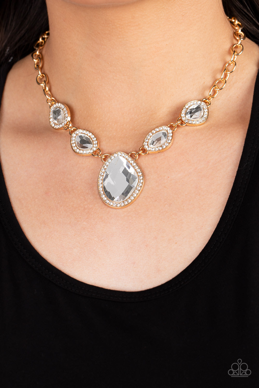 The Upper Echelon - Gold White Rhinestone & Gem Necklace Paparazzi N1064