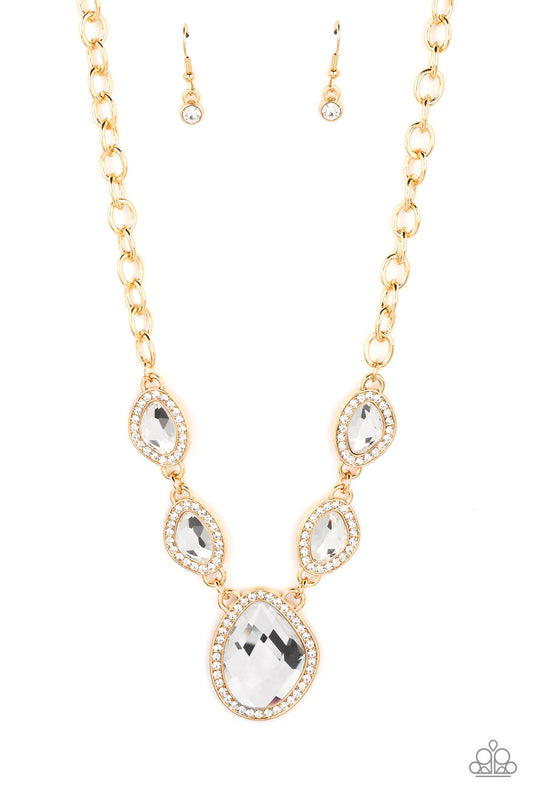 The Upper Echelon - Gold White Rhinestone & Gem Necklace Paparazzi N1064