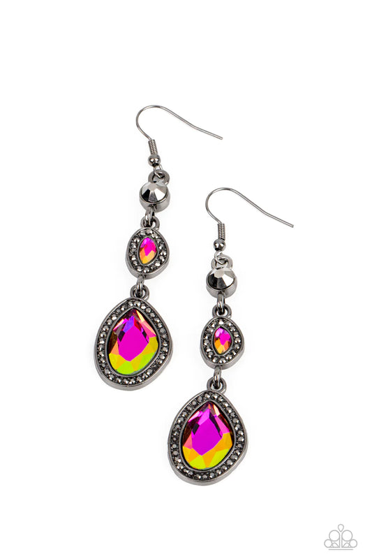 Dripping Self Confidence Multi Oil Spill Gem Silver Hematite Earring Paparazzi E1228