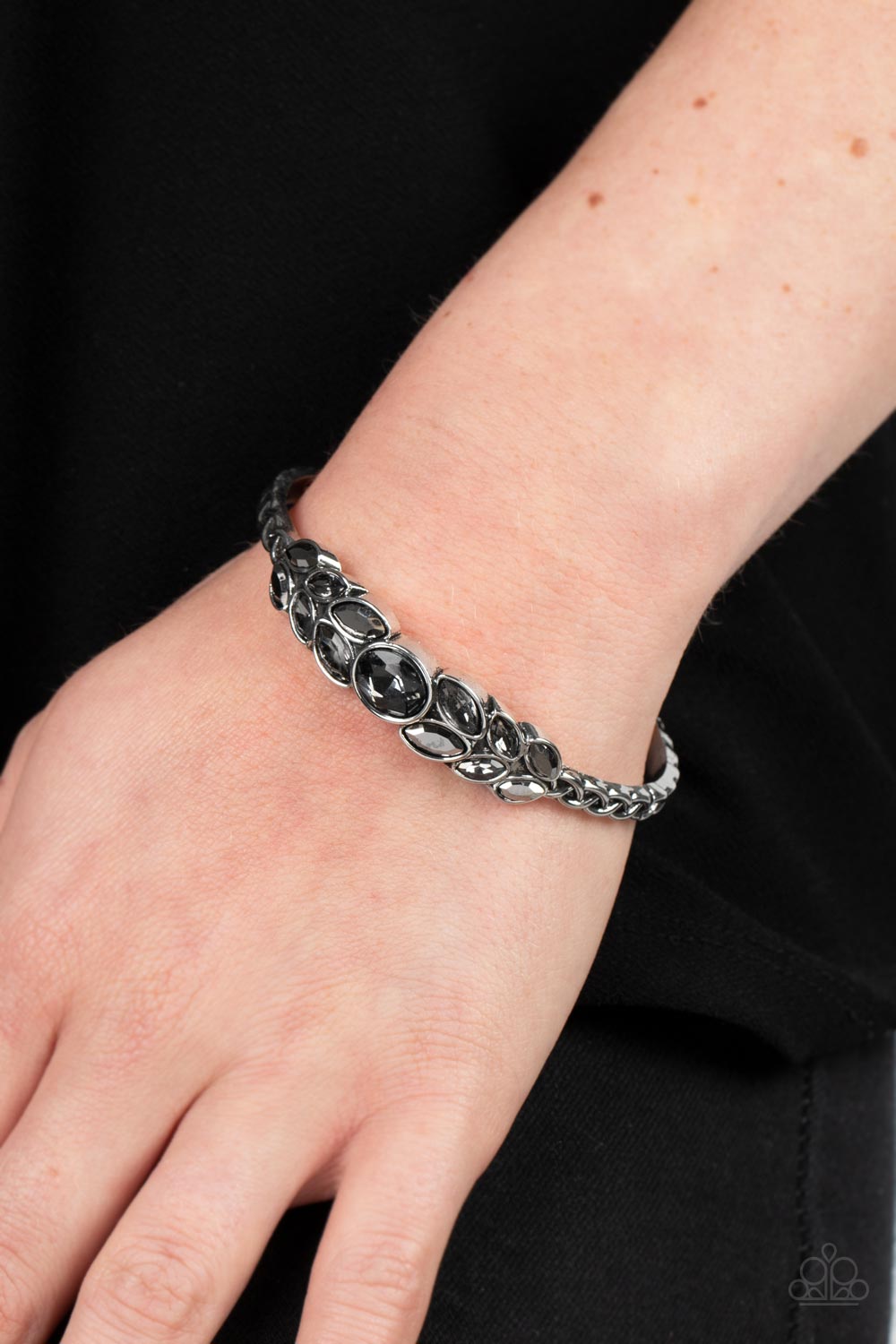 Vogue Vineyard - Silver Smoky Hematite & Rhinestone Cuff Bracelet Paparazzi B1045