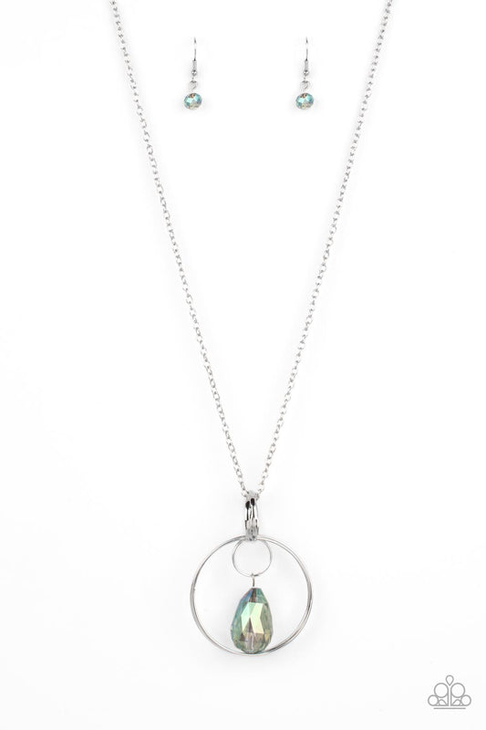 Swinging Shimmer - Green Iridescent Teardrop Silver Necklace Paparazzi N1387