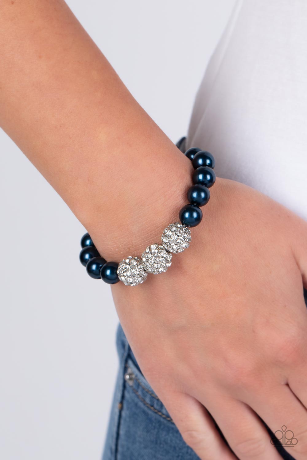 Breathtaking Ball - Blue Montanna Pearl Bead Silver Rhinestone Encrusted Ball Stretch Bracelet Paparazzi B1325