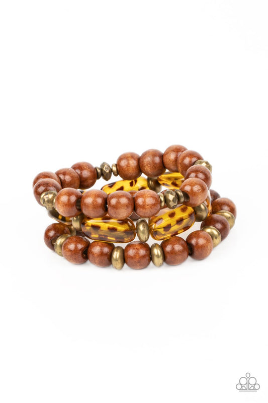 WILD-Mannered - Brass Cheetah Like Pattern, Acrylic & Wooden Bead Stretch Bracelet Paparazzi B0795