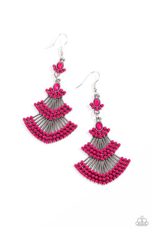Eastern Expression - Pink Peacock Bead Silver Earring Paparazzi E1758