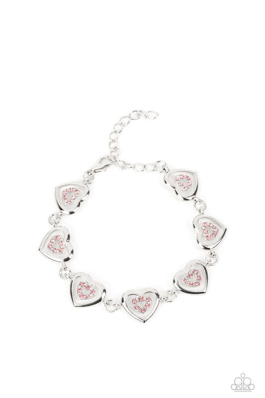 Catching Feelings - Pink Rhinestone Silver Heart Bracelet Paparazzi B0974