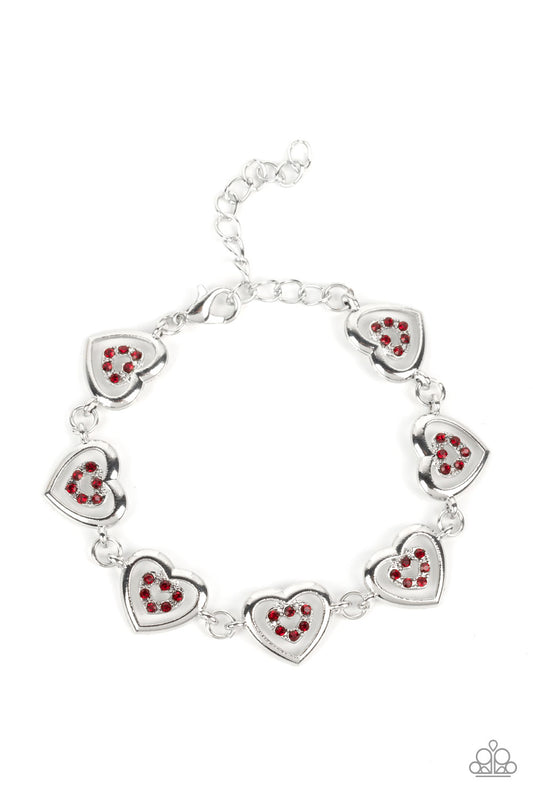 Catching Feelings - Red Siam Rhinestone & Silver Heart Bracelet Paparazzi B0910