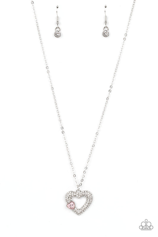 Bedazzled Bliss - Pink Gem & White Rhinestone Heart Necklace Paparazzi N1421