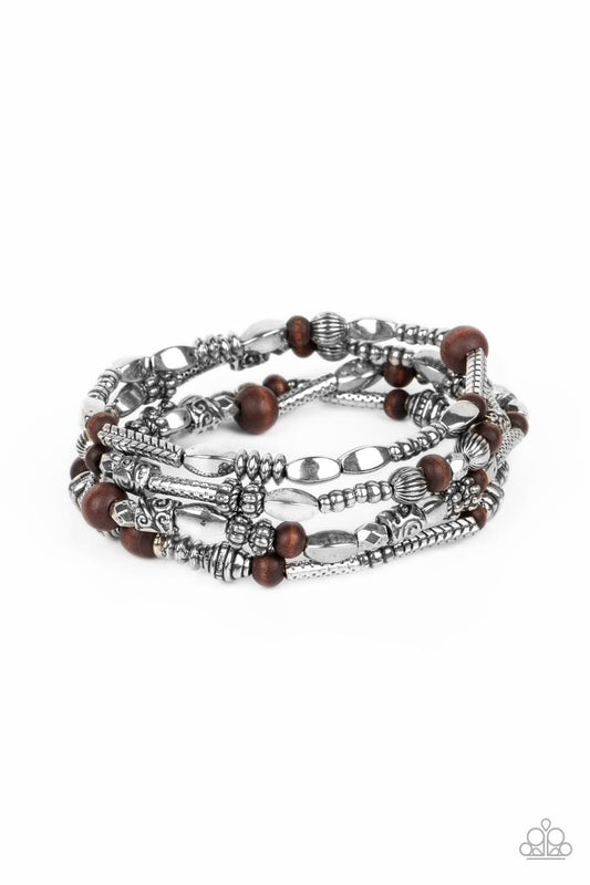 Jungle Jubilee - Brown Wooden & Silver Bead Stretch Bracelets Paparazzi B1076