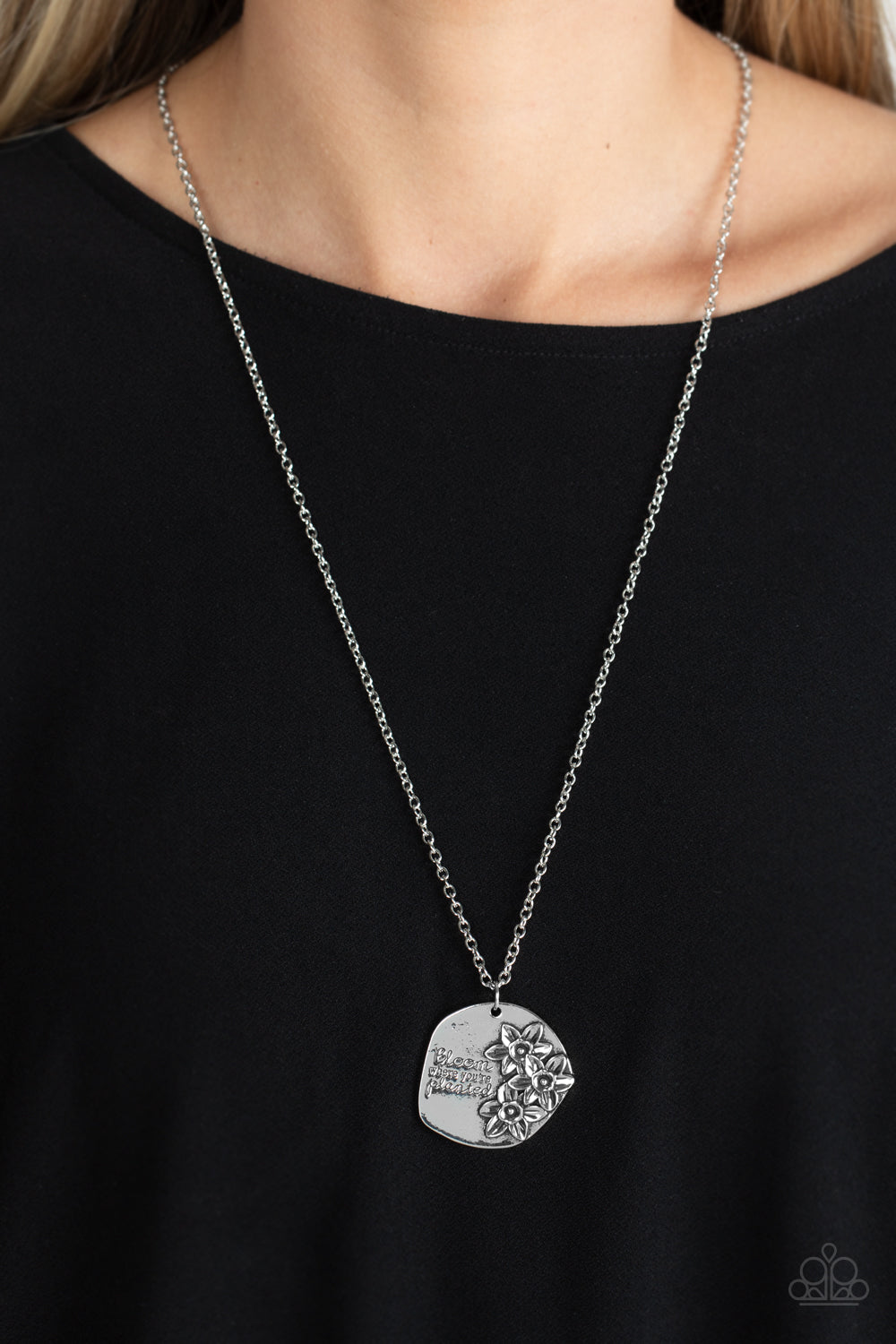 Planted Possibilities - Silver Flowers Inspirational Necklace "Bloom where You're Planted" Paparazzi N1238