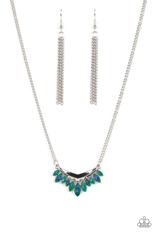 Flash of Fringe - Green Marquise Gem With Blue Shimmer Necklace Paparazzi N1734