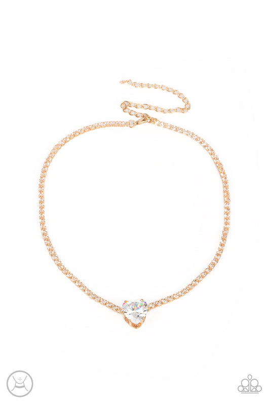 Flirty Fiancé - Gold, White Gem Heart & Rhinestone Choker Necklace Paparazzi N1436