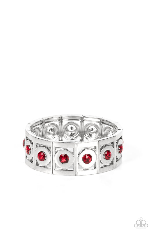 Stretch of Drama - Red Vibrant Rhinestone Silver Stretch Bracelet Paparazzi B1375