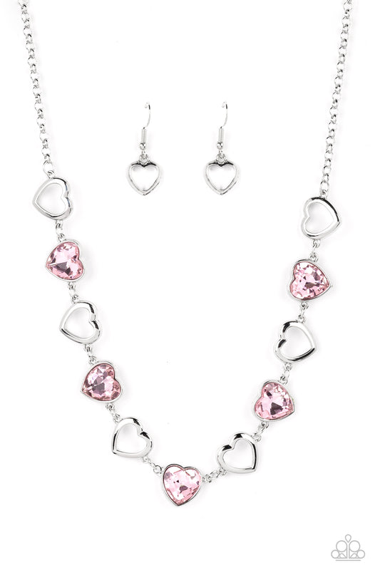 Contemporary Cupid - Pink Heart Gem Silver Necklace Paparazzi N1332