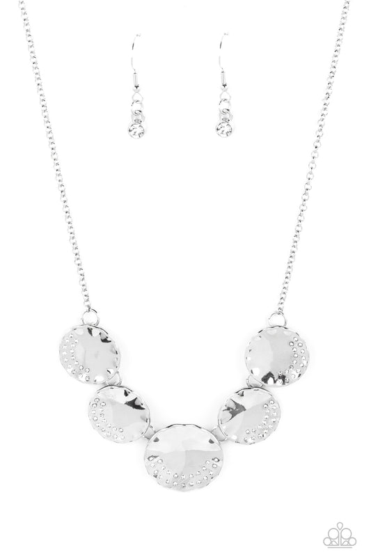 Swanky Shimmer - White Rhinestone Silver Disc Necklace Paparazzi N1653