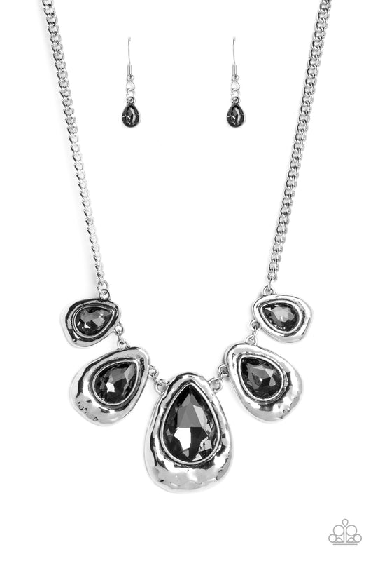 Formally Forged - Silver Smoky Teardrop Gem Necklace Paparazzi N1426