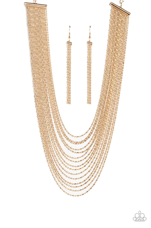 Cascading Chains - Gold Ball & Bar Chain Multilayer Necklace Paparazzi N1444