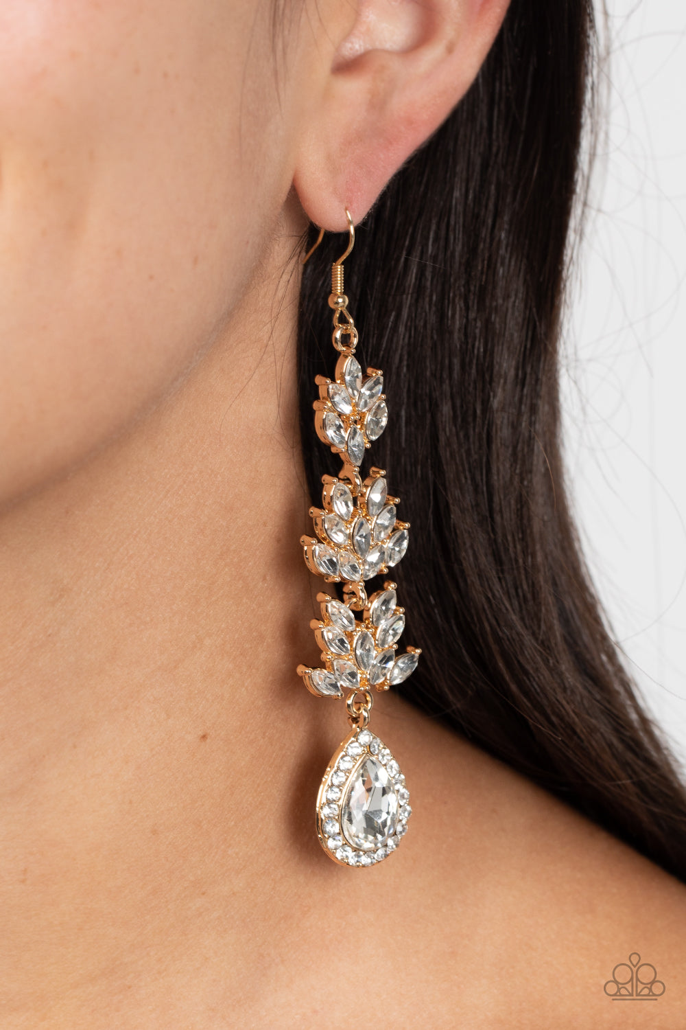 Water Lily Whimsy - Gold & White Rhinestone Waterlily Flower Earring Paparazzi E1307